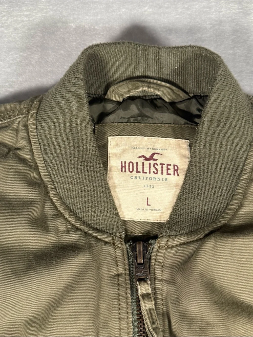 Hollister Military Bomber Jacket Mens L Canvas Full Zip Olive Green